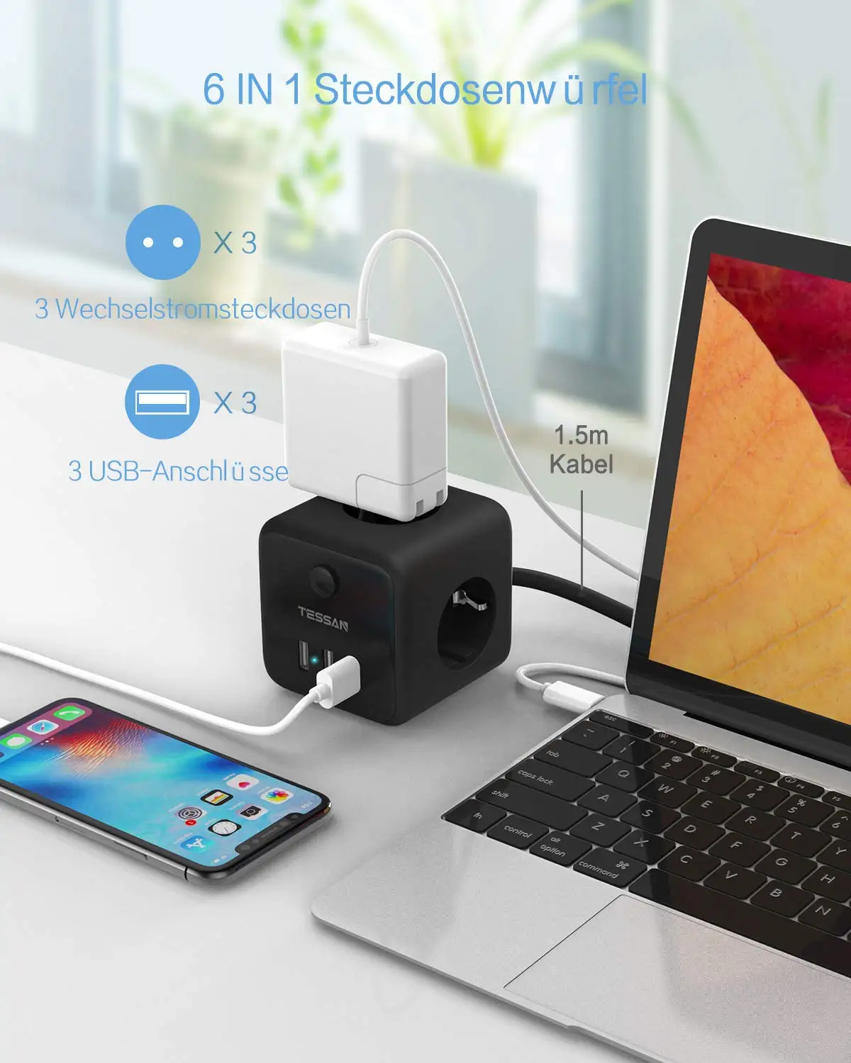 TESSAN 12-Way Socket Strip (2500W / 10A) 5 USB Ports, Multiple Sockets with Switch Overload Protection for Home Office, 2m cable