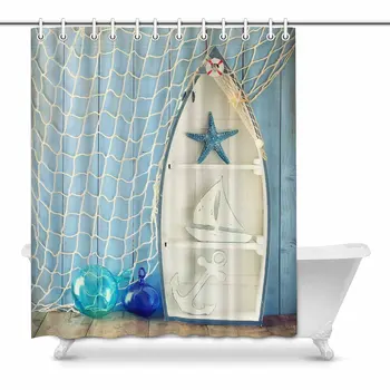 

Nautical Boat Shape Shelves on Wooden Table Decor Waterproof Polyester Bathroom Shower Curtain Bath Decorations with Hooks,