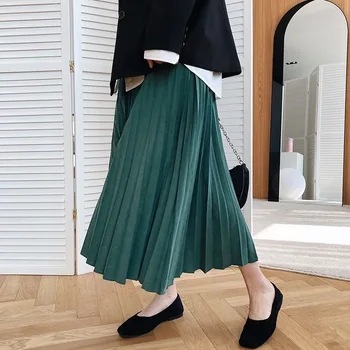 

2020 Women A-Line Autumn Pleated Skirt Elegant High Waist Long Skirt Femme Elegant Faldas Jupe Saia Women Green Skirts