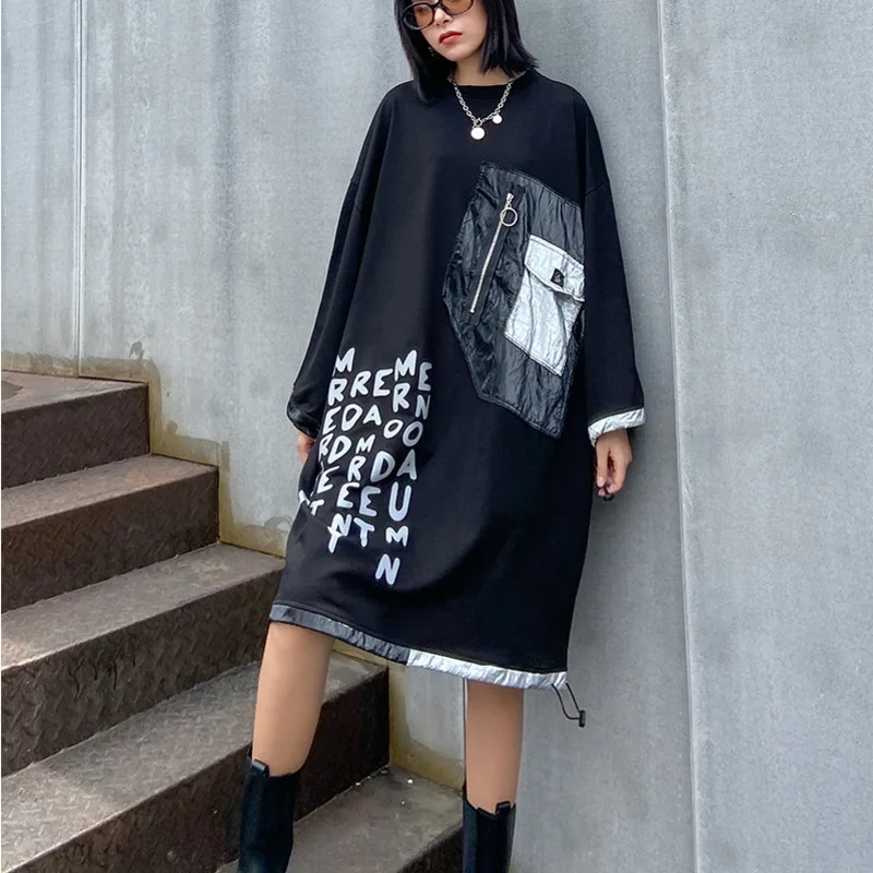 

XUXI Autumn 2020 Women Thin Dress Streetwear Long Sleeve Large Size Knee-Length Loose Fashion Printing Stitching Dresses FZ29991