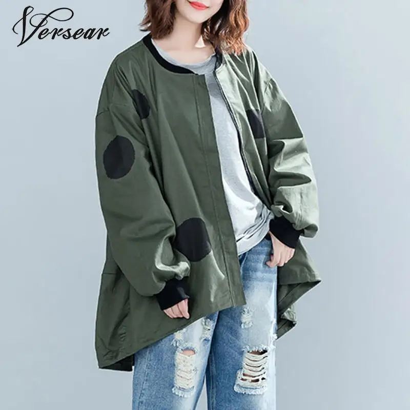 

Versear 2019 Autumn Winter Women Polka Dot Oversized Jacket Coat Casual Loose Cardigan Zipper Female Clothes Outerwear Jackets