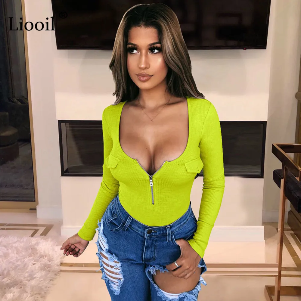 

Liooil Sexy Bodysuit Women Knit Jumpsuits Zip Up Body Suit Tops For Women 2019 Long Sleeve O Neck Bodycon Party Club Jumpsuit