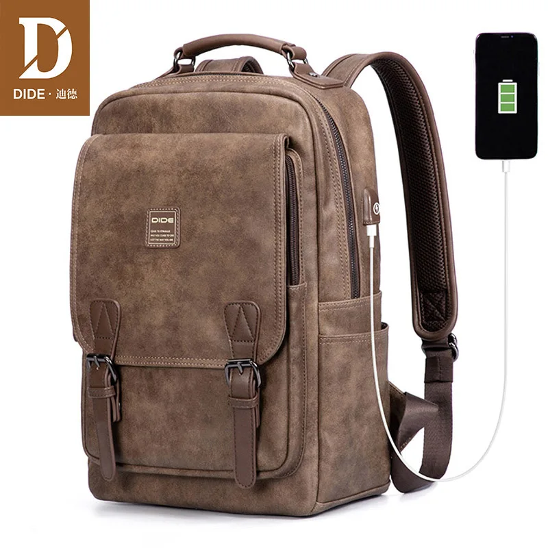 Скидка Мужской рюкзак для ноутбука DIDE с USB зарядным портом Mochila, винтажный повседневный рюкзак для путешествий, сумка для мужчин, школьный водонепр...