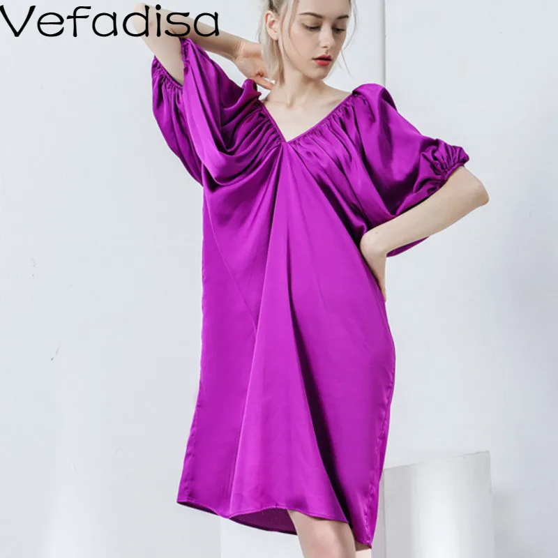 

Vefadisa Summer Woman Solid Half Lantern Sleeve Dress Casual V-Neck Open back Dress Knee-Length Loose Dress 2019 QYF130