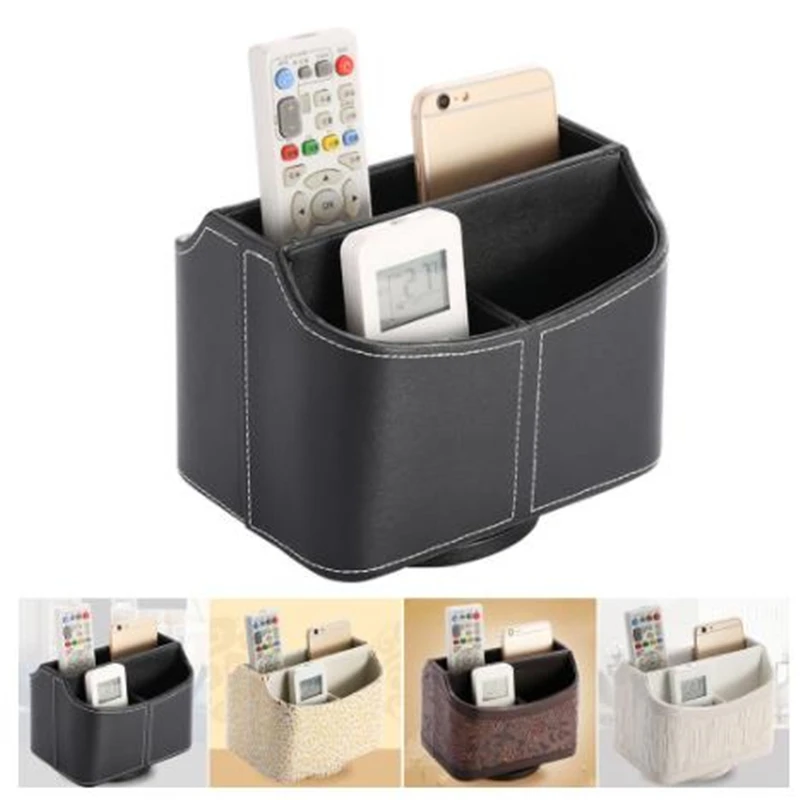 

1PC Container Stationery Leather Retro Office Remote Control Home Makeup Cosmetic Storage Box Rotatable Phone Holder Organizer