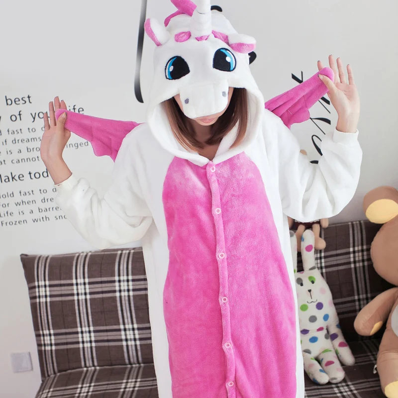 Rose Unicorn Kigurumi, зимняя Пижама для взрослых, Женская фланелевая одежда для сна, унисекс, милый единорог, Ститч, панда, Мультяшные пижамы с животными, детские пижамы - Цвет: Rose Unicorn