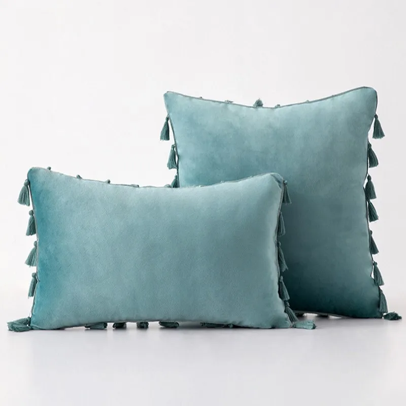 Inyahome Water Blue Velvet Soft Solid Decorative Throw Pillow Cover with Tassels Fringe Boho Cushion Case for Couch Sofa Bed 