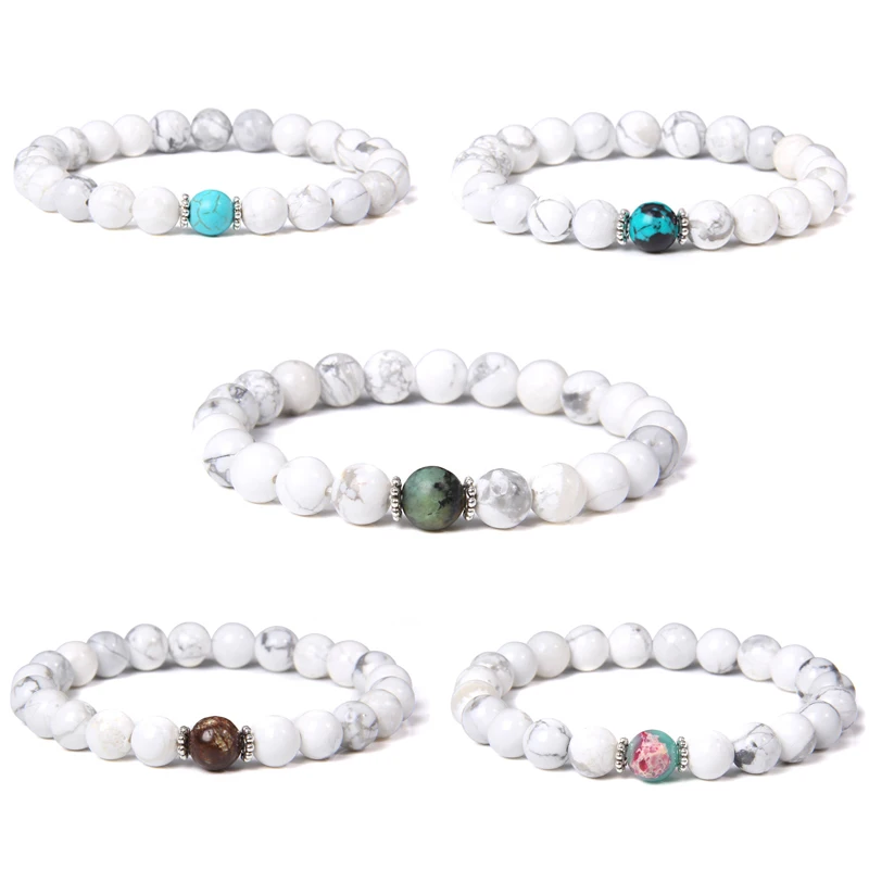 Natural Real Howlite Bracelets Men Polished Turquois Stone Beads Bangle Women Vintage Siver Color Charm Elastic Pulsera Jewelry | Украшения
