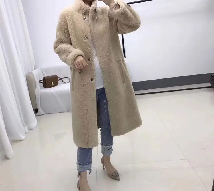 Модные плюшевые зимние пальто для женщин с поясом и стоячим воротником, куртка из натуральной кожи, шерстяные длинные толстые теплые пальто из натурального меха