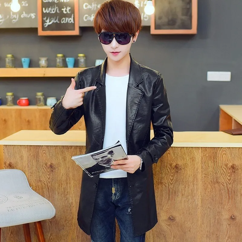 Мотоциклетная мужская верхняя одежда из искусственной кожи однобортное пальто с