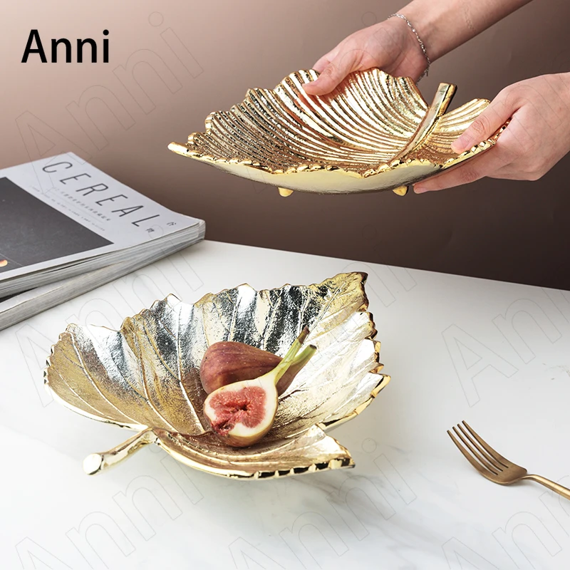 

Golden Leaf Aluminum Trays Decorative Nordic Modern Creativity Fruit Snack Plate Afternoon Tea Dessert Food Tray Home Decoration