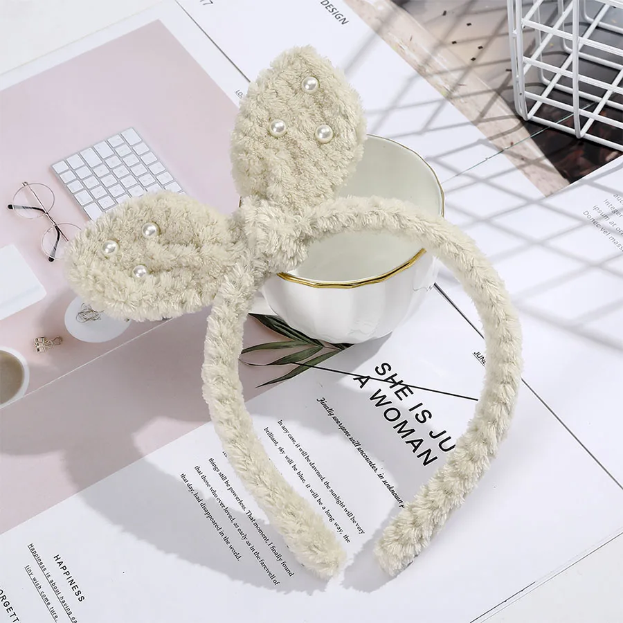Haimeikang Fashion Rabbit Ear Headband Headdress Korean Cute Plush Bezel Rim Hairpin Tiara Ladies Solid Color Hair Accessories - Цвет: 4