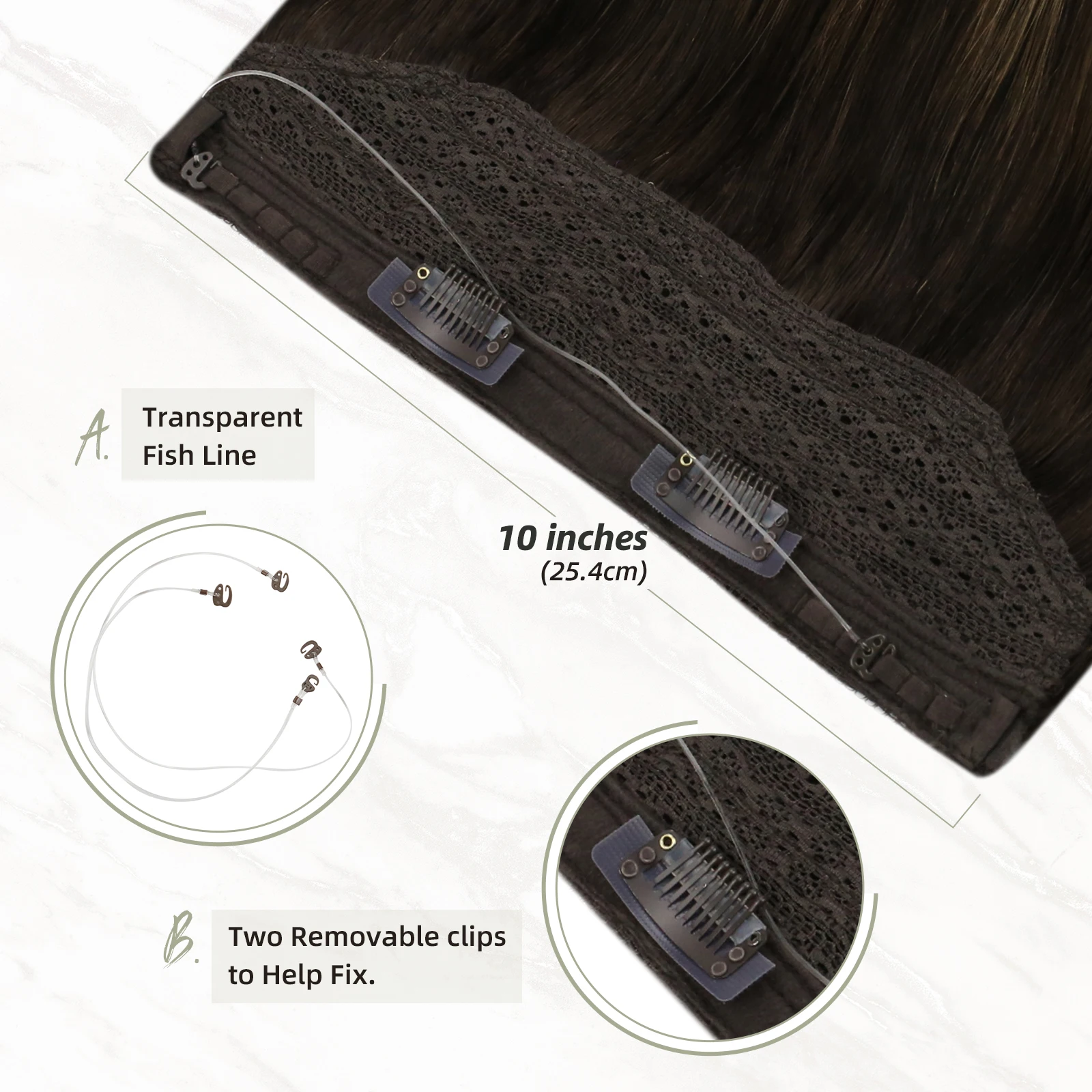 VeSunny Fish Line Halo Hair Extensions Real Human Hair One Piece Invisible Wire Weft Hair With Two Clips Machine made Remy Hair