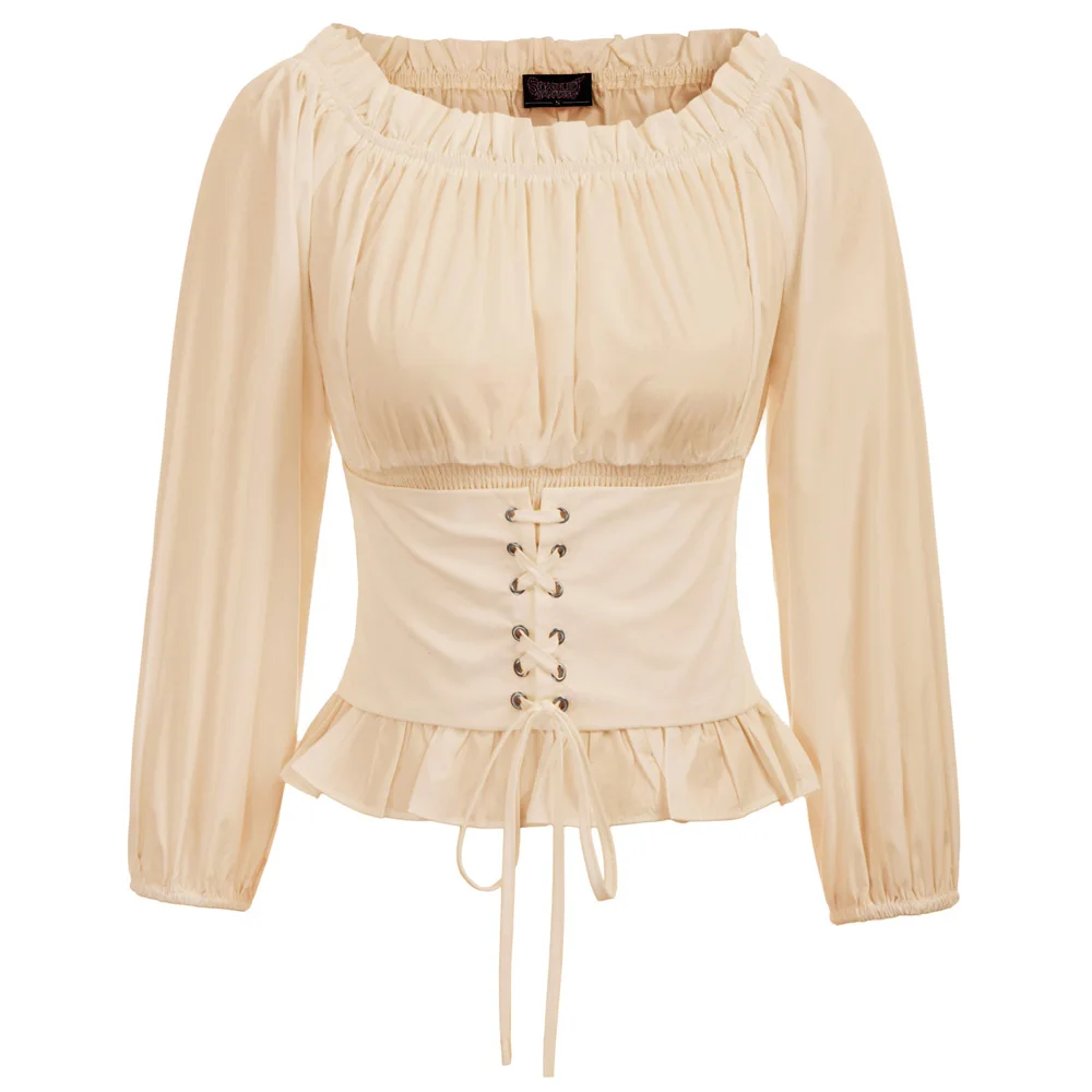 

Retro Vintage Women Shirt Renaissance Gothic Off Shoulder Corset Tops Female Womens Blouses Tie up Ruffles Tops 2019