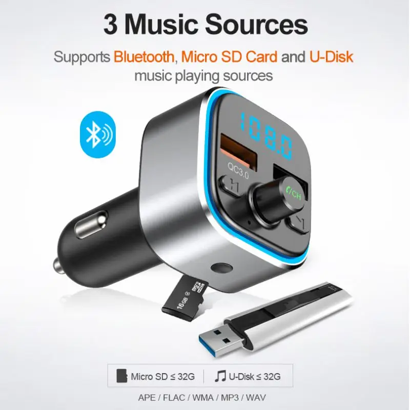 Двойной USB зарядное устройство Bluetooth 5,0 FM передатчик автомобильный модулятор беспроводной громкой связи комплект Авто аудио mp3-плеер QC3.0 Быстрая зарядка
