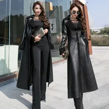 

Women Wool Lined Leather Winter Trench Coat Long Overcoat Outwear Slim Fit L11