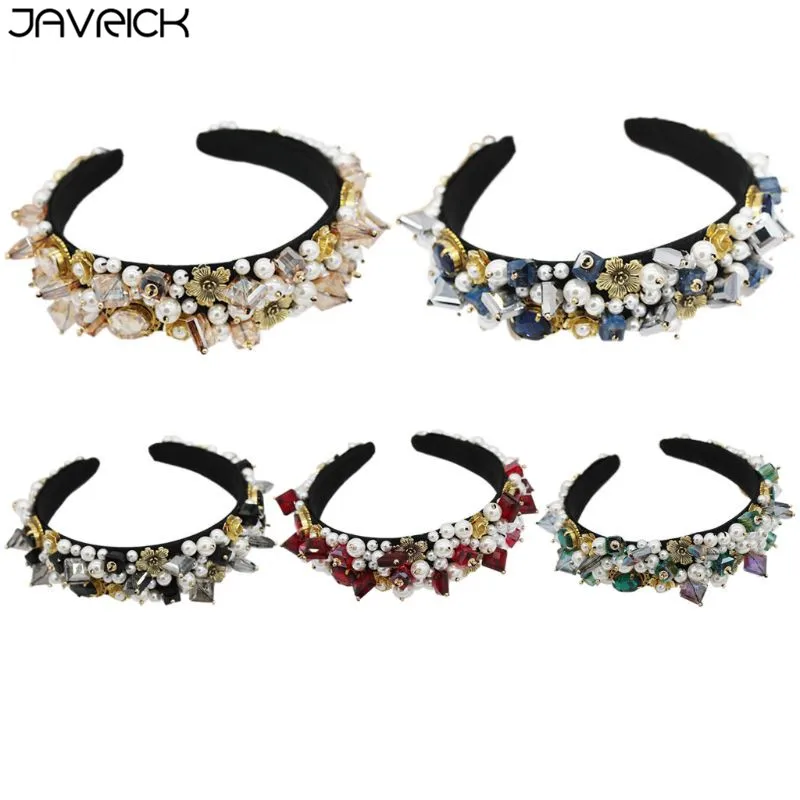 

Handmade Colored Geometric Faux Crystal Pearls Headband Women Banquet Prom Wide Hair Hoop Retro Baroque Palace Jewelry Headwear