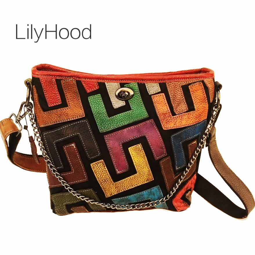 

Geometric Multi-color Patchwork Messenger Bag Women Genuine Leather Small Shoulder Bag with Metal Chain Details Natural Leather