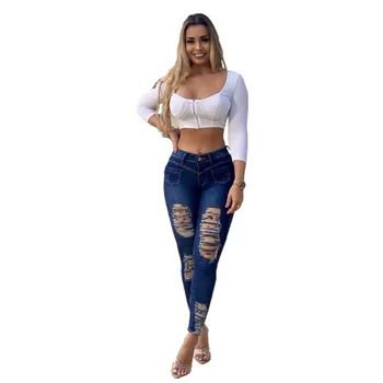 

Woman Bodycon Pant Denim Trouser Female Fashion Holes Pencil Pants European Style Jean Trouser