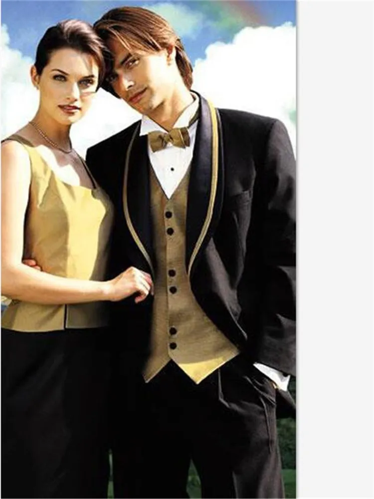 One Button Black Men Suit Groom Tuxedos With Golden Shawl Lapel Best Man Wedding /Dinner Party Mens Suits(Coat+Vest+Pants