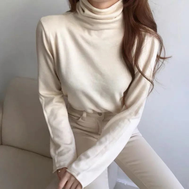 

Korean Style Turtleneck Sweaters For Women Fashion Pile Collar Slim Winter Warm Base Tops Pullover Femme