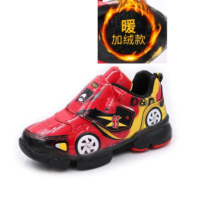 new autumn and winter cartoon children's sports shoes boys and girls color children's shoes car pattern casual shoes - Цвет: Red plus velvet