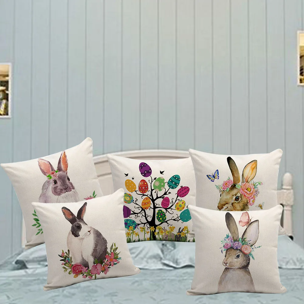 45x45 Cm Easter Bunny Cushion Cover Soft Linen Decorative Zipper Pillow Case Square Digital Printed Office Sofa Festival Throw
