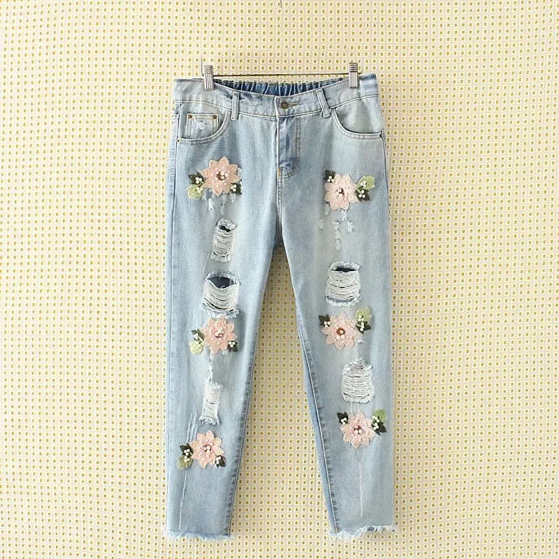 Women Plus Size Casual Jeans Boyfriend Denim Pants Embroidery Harem Pants Female