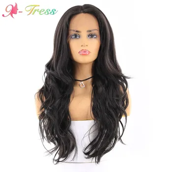 

X-TRESS 24inch Long Black Color Wave Synthetic Wigs for White Women 4*13 Lace Front Wigs Heat Resistant Cosplay/Daily Wigs