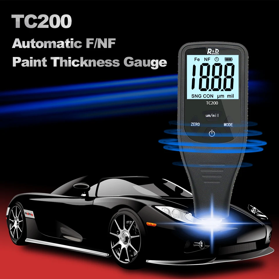 R&D TC200 Coating Thickness Gauge Backlight LCD Film measurement composite Auto Car Paint Thickness Meter with US RU Manual Fe/NF