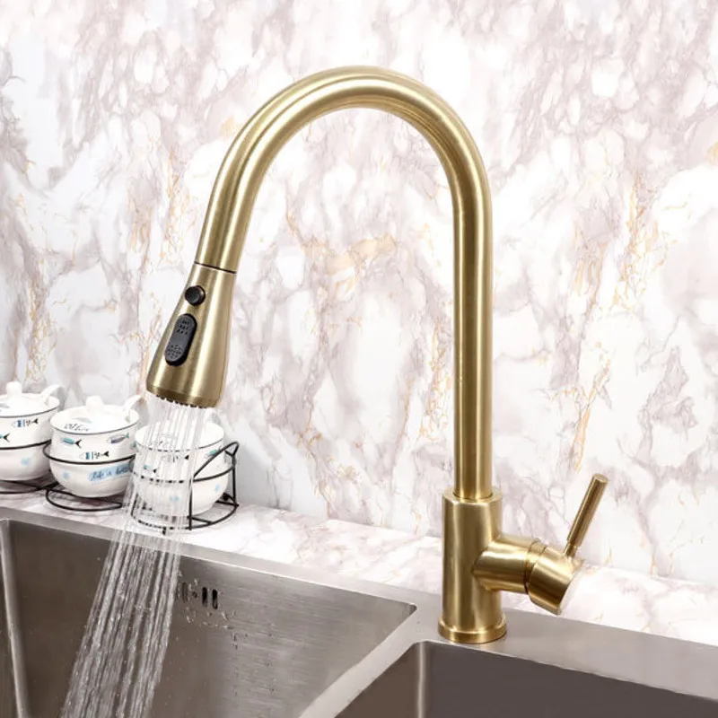 

Brushed Gold Kitchen Faucet Single Hole Mixer Faucet Pull Out Spout Sink Mixer Tap with Stream Sprayer Head Chrome Kitchen Tap