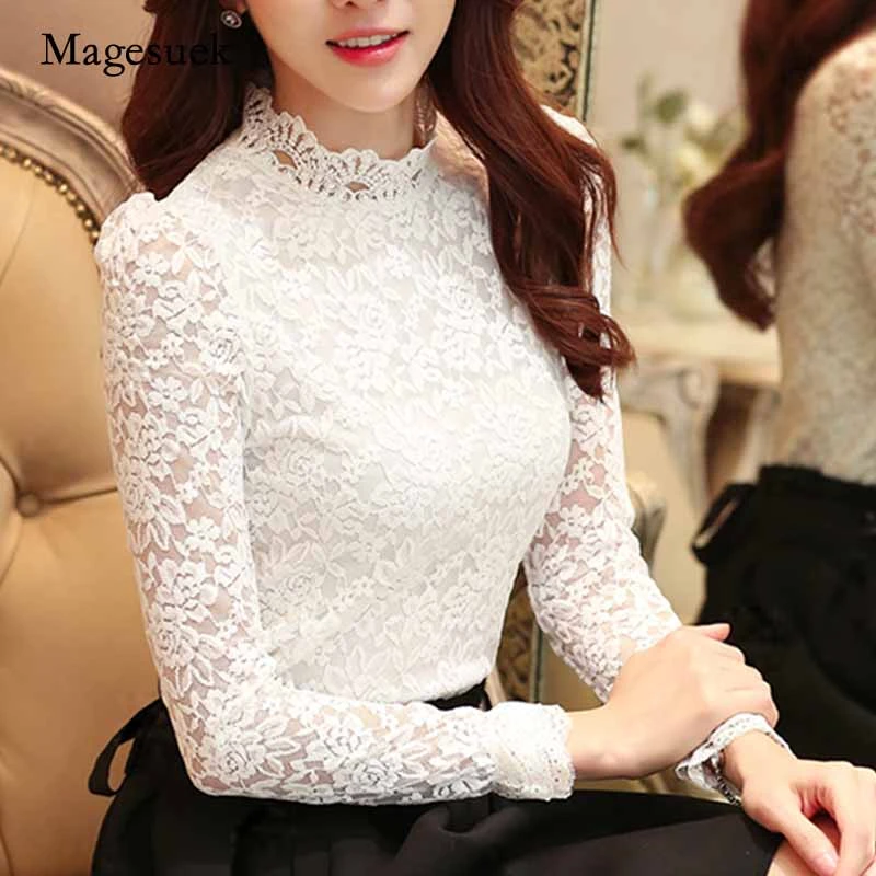 long sleeve blouse Fashion 2021 Plus Size Lace Crocheted Hollow Out Top Stand-up Collar White Blouse Woman Sweet Long Sleeve Shirts Blusas 1695 womens blouses