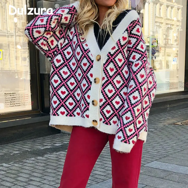 Harajuku Heart Plaid Knitted Cardigans Women 2019 Autumn Winter Solid Loose Jumper Knitwear Fashion Cozy Warm Streetwear Femme |