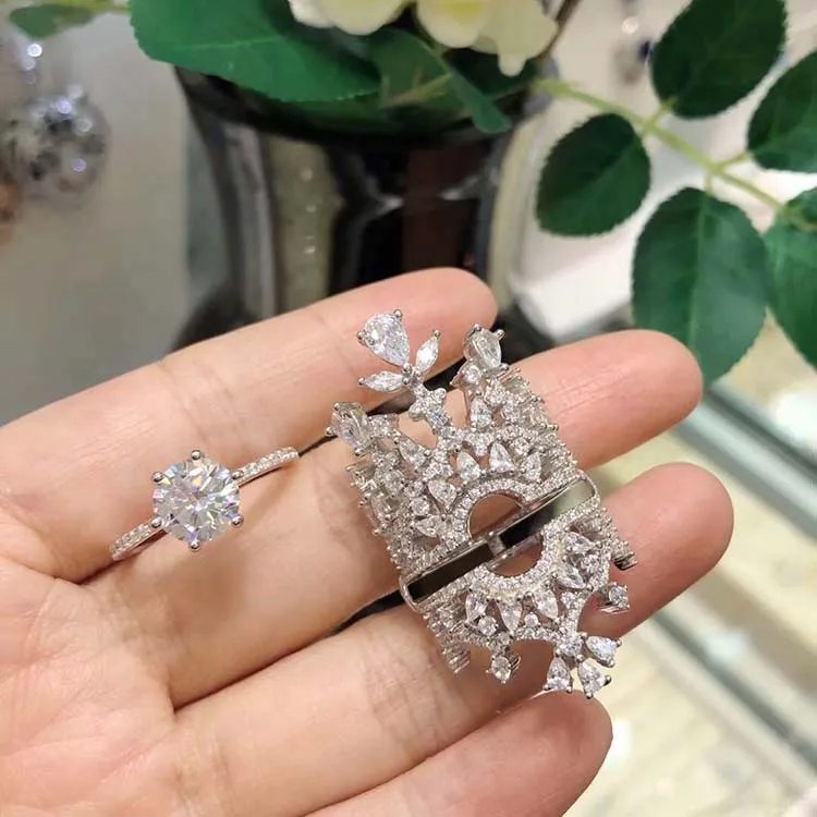 Dazz S925 Серебряный бренд Роскошный многослойный Штабелируемый Корона кольцо ювелирные изделия женские свадебные кубический циркон Съемный 3 шт кольца Дубай