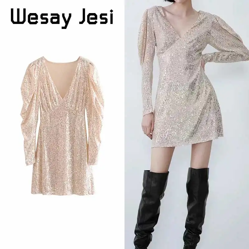 

Women Autumn dress elegant Sequined V-neck long sleeve vestidos vestidos de fiesta de noche mini Christmas party dress