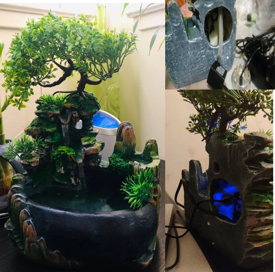 110-240V Creative Home Decoration Resin Rockery Waterscape Feng Shui Water Fountain Air Spray Green Plant Flowerpot Fish Tank | Бытовая