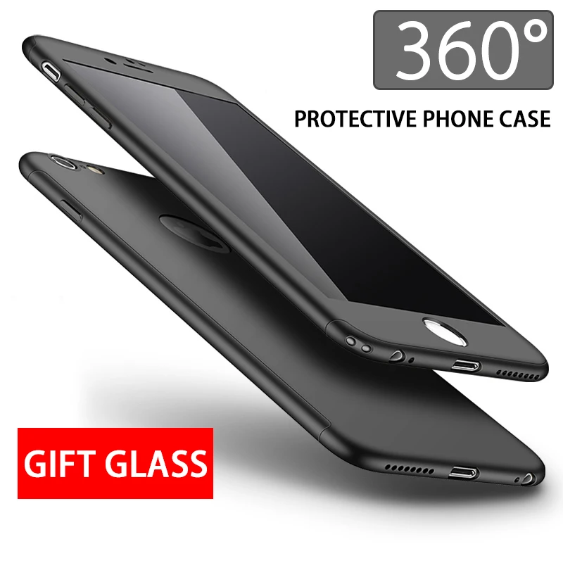 

360 Degree Phone Case For iPhone 6 6s 7 8 Plus X XR XS Max Matte PC Hard Case For iPhone 5 5S SE 6 7 Cover With Protective Glass