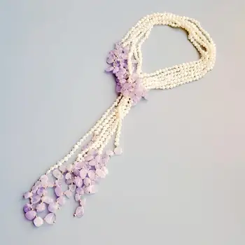 

Lii Ji Natural Amethyst with Freshwater Pearl 3 Row Long Open Necklace 126cm