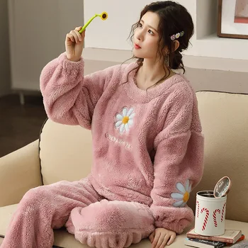 

Women Pajama Sets Plus Size Flannel Soft Loose Sleepwear Long Sleeve Warm Thicken Homewear Pyjamas Winter Female Large Home Suit