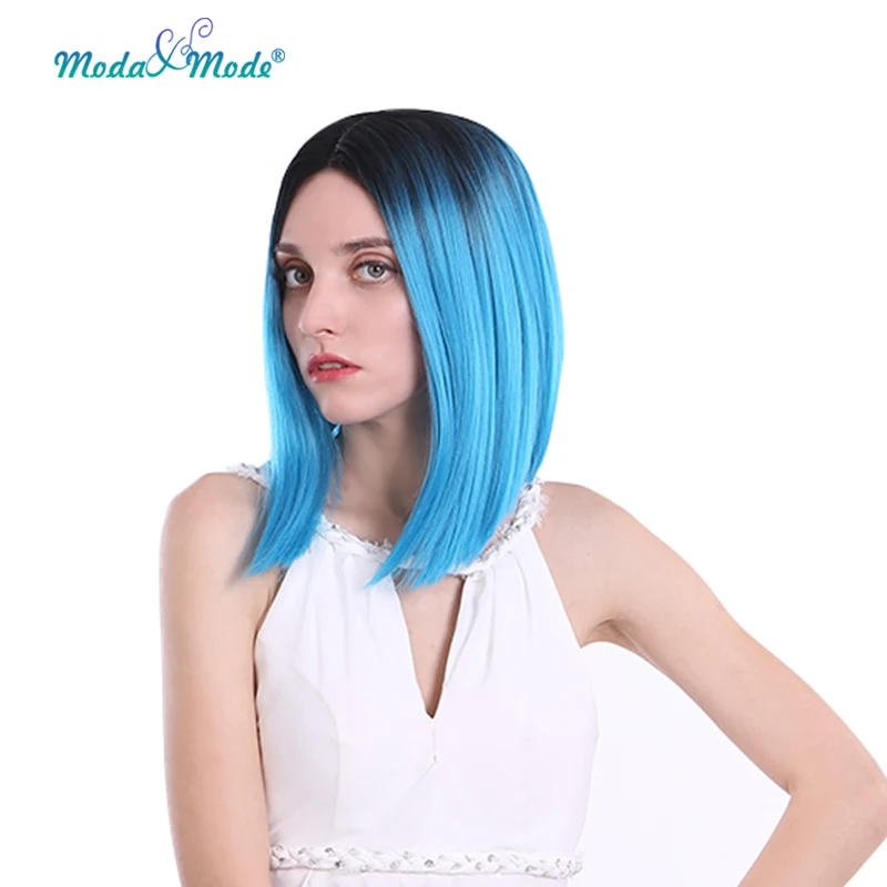 Moda& Mode волосы 1" короткий прямой розовый Боб косплей парик Омбре синтетический парик на кружеве для черных/белых женщин средняя часть - Цвет: blue