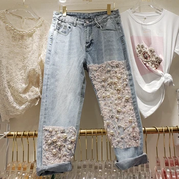 

European Style Lace Jeans Women 2020 Spring and Summer New Lace Sequins Beaded Loose Straight Pants Students Jean Pants Blue