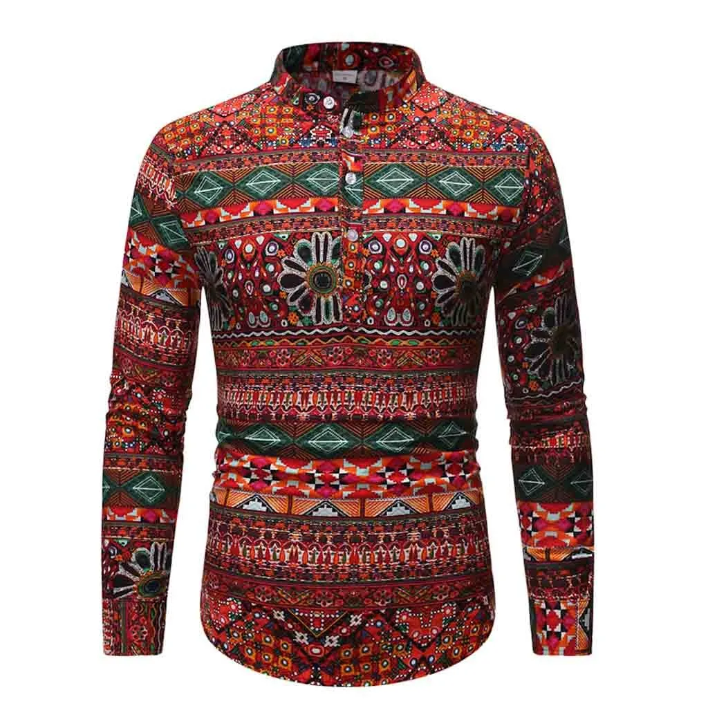 Red KANCOOLD, мужская повседневная рубашка, этнический стиль, однобортная, обычная, мужская рубашка с длинным рукавом, повседневная, хлопок, лен, с принтом, гавайская рубашка, D19 - Цвет: Red