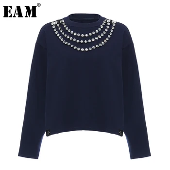 

[EAM] Loose Fit Black Rhinestone Split Joint Sweatshirt New Round Neck Long Sleeve Women Big Size Fashion Tide Spring 2020 1S558