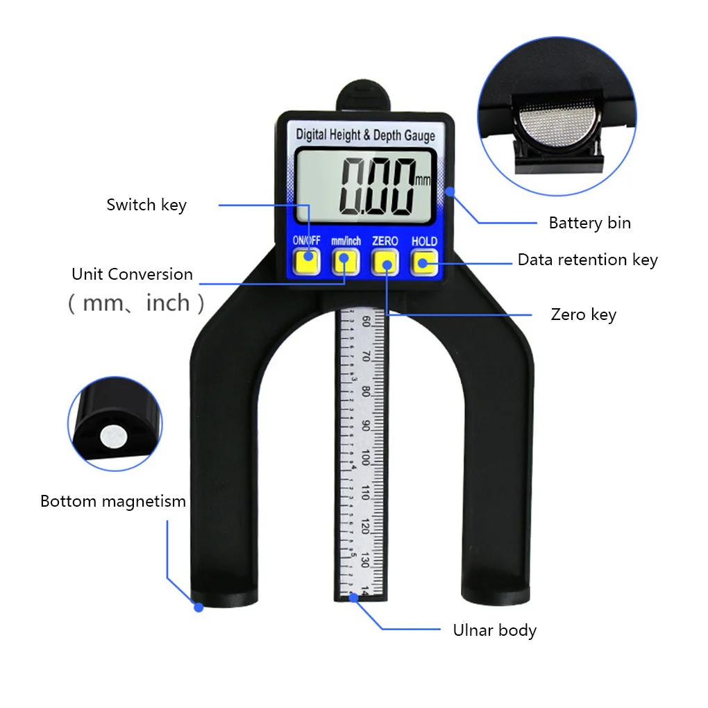 Digital Depth Gauge LCD Height Gauges Calipers With Magnetic Feet For Router Tables Woodworking Measuring Tools 0-80mm Range