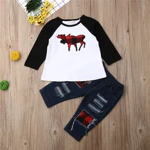 От 1 до 5 лет, Детский комплект унисекс, футболка с длинными рукавами для мальчиков, наряды Лось американский лось, футболка с принтом Wapiti комплект с джинсами для девочек, комплекты одежды для девочек