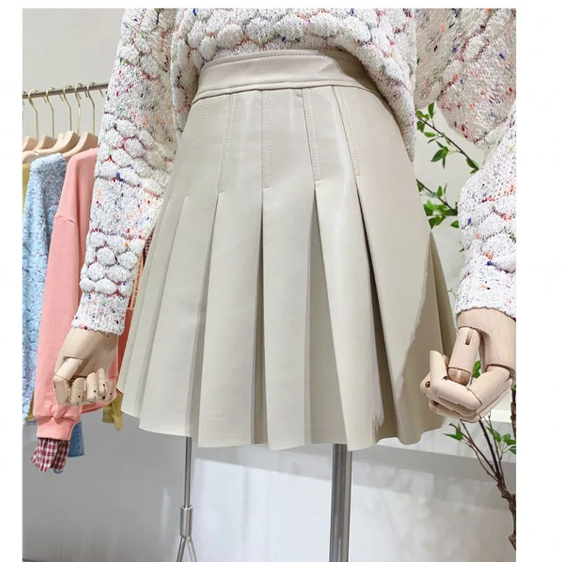 Плиссированная кожаная юбка новая осенняя и зимняя однотонная женская юбка трапециевидной формы с высокой талией студенческий стиль искусственная кожа мини-юбка