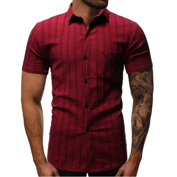 

New Summer Black Mens Striped Short Sleeve Turn-over Collar Slim Tops High Quality Cotton Breathable Casual Business Shirt