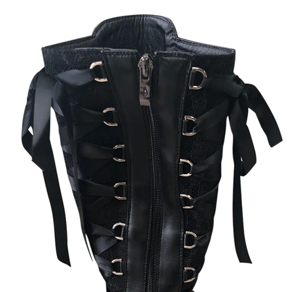 Cena Halloween kobiety Cosplay wysokie buty zimowe długa rurka skórzane but rycerza Punk Gothic klasyczne czarne buty na wysokim obcasie kolana wysokie