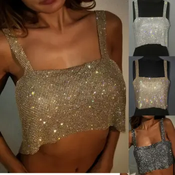

Sexy Women's Crystal Halter Body Chain Shiny Sparkle Cami Crop Top Clubwear Vest