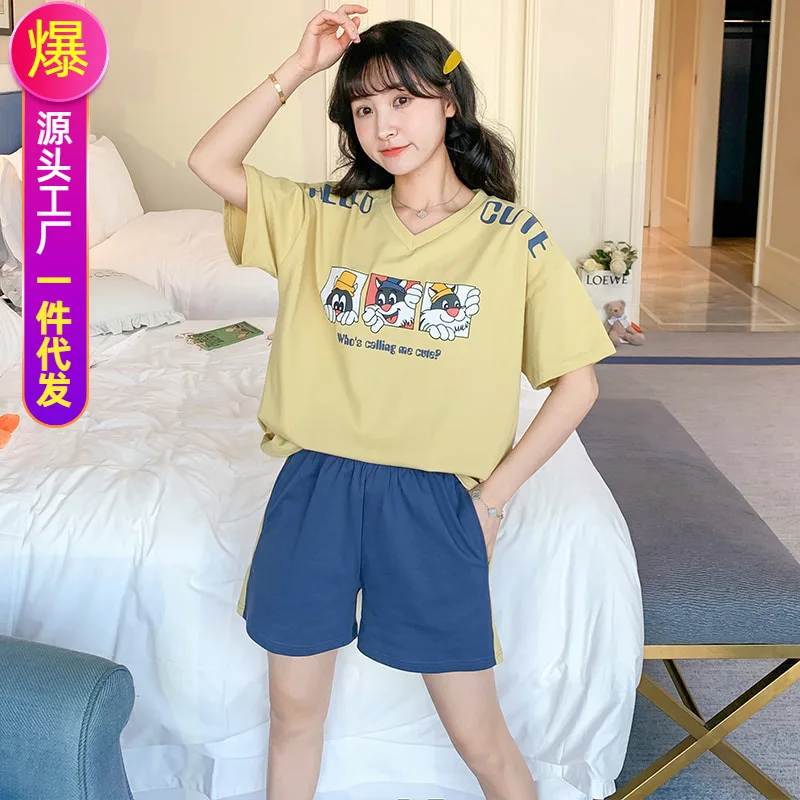 

Pajamas Women's Summer New Style Short Sleeve Knit Cotton Loose-Fit Korean-style Sweet Japanese-style-Outer Wear Set Women's Hom